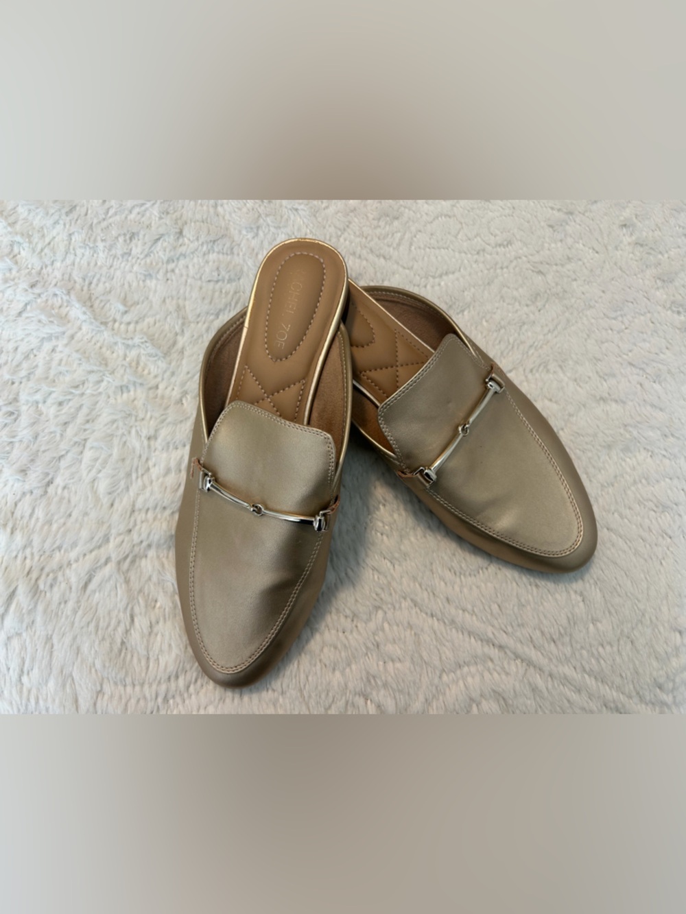 Rachel Zoe Metallic Taupe Gold Backless Loafers Slip On Business Classic Sz 8.5